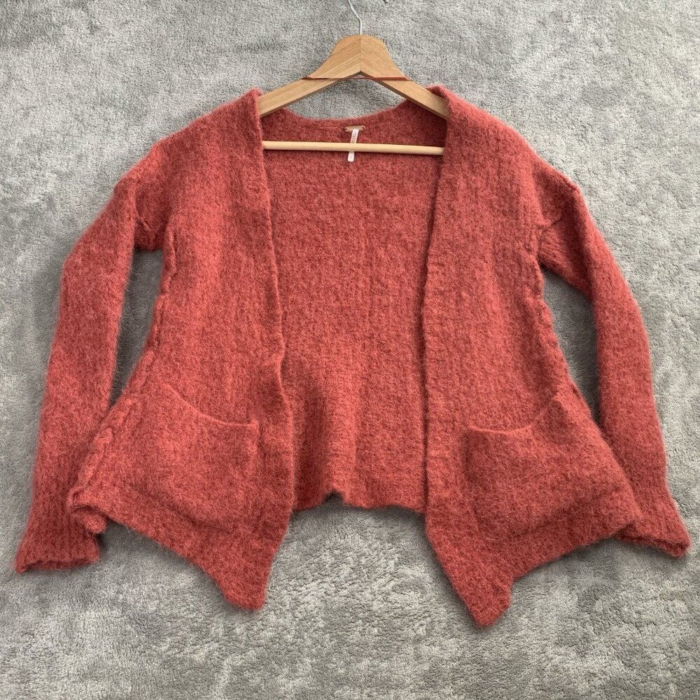 Free People Cardigan Womens Small Red Open Front Alpaca Sweatshirt Pockets